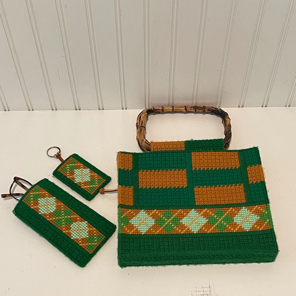 Handmade Needlepoint Handbag Women Green Orange Retro Bamboo Handle 3pc Set Vtge